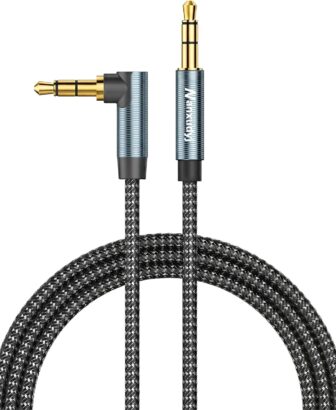 AUX Cord 6ft, 3.5mm Stereo Audio Cable 90 Degree Right Angle Nylon Braided Male to Male for Car, Headphones, Speaker, PS4/PS5, PC, Tablets - Hi-Fi Sound Portable TRS Auxiliary Cable