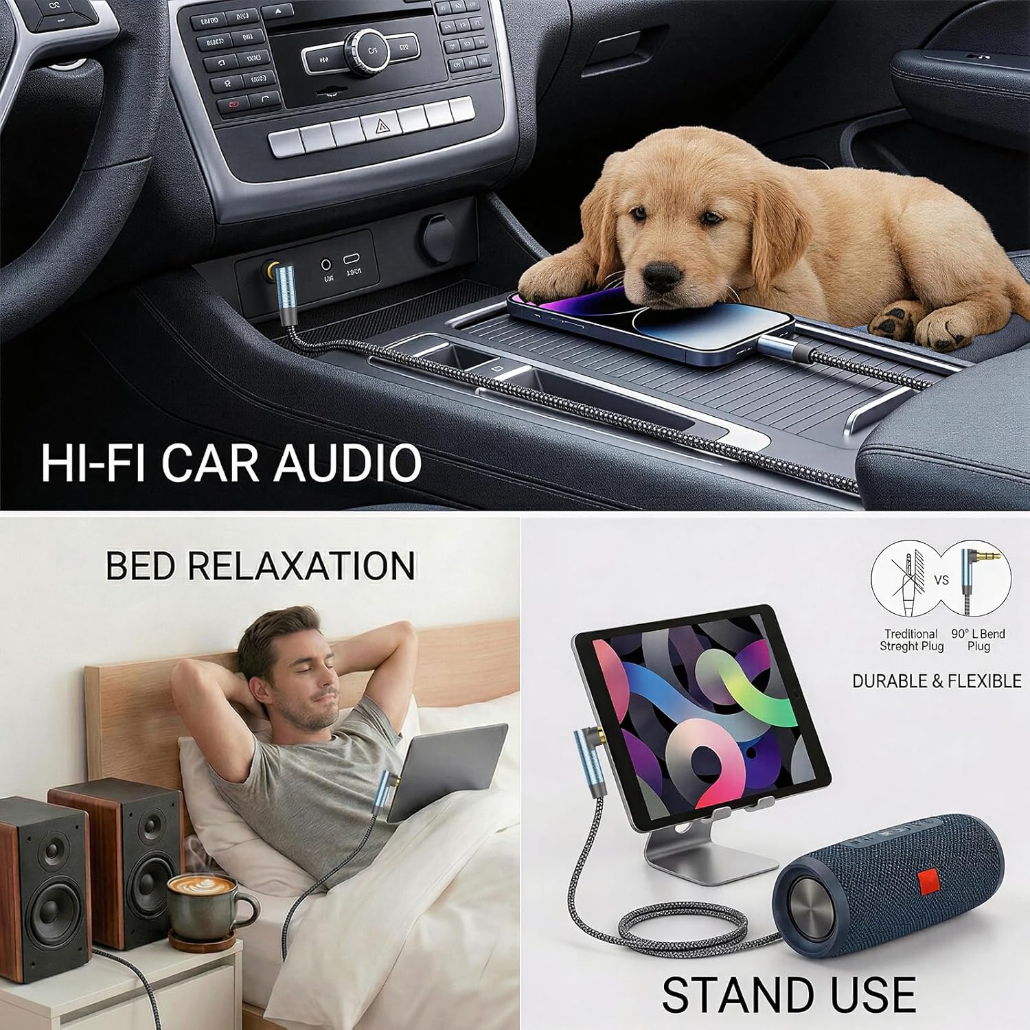 AUX Cord 6ft, 3.5mm Stereo Audio Cable 90 Degree Right Angle Nylon Braided Male to Male for Car, Headphones, Speaker, PS4/PS5, PC, Tablets - Hi-Fi Sound Portable TRS Auxiliary Cable - Image 6